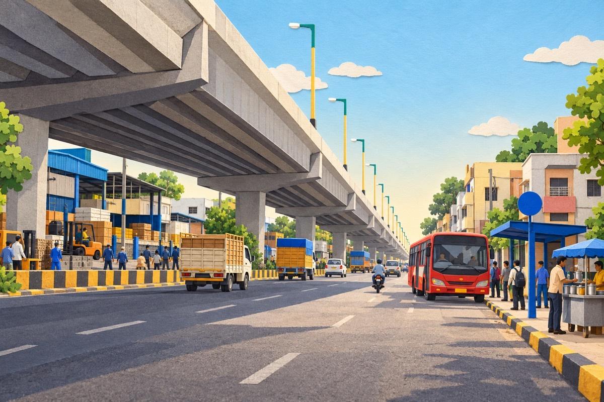 Illustrated postcard of Balanagar: a long flyover over the industrial road