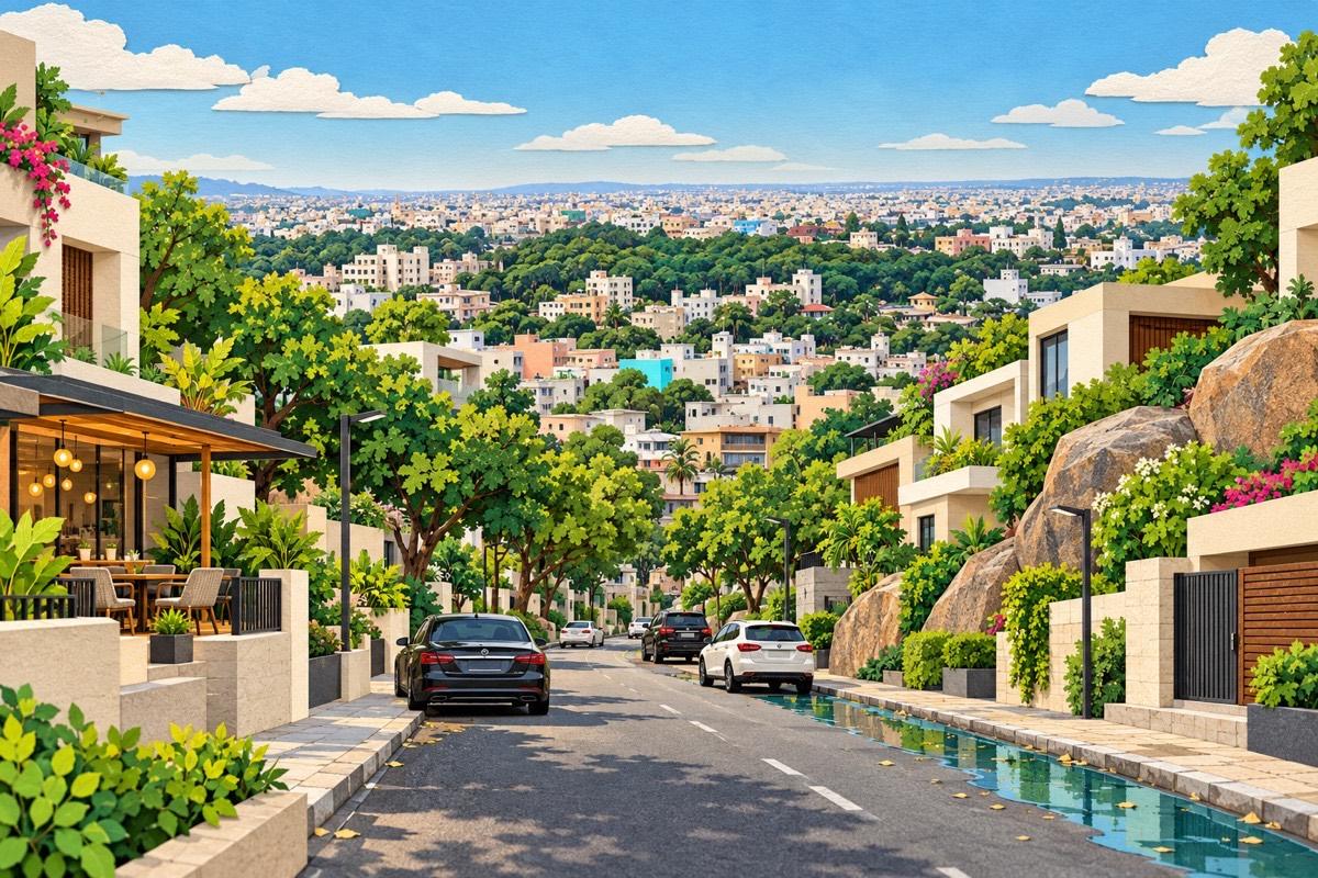 Illustrated postcard of Banjara Hills: big natural granite boulders between houses
