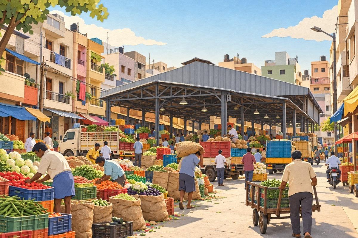 Illustrated postcard of Bowenpally: a large covered vegetable wholesale market