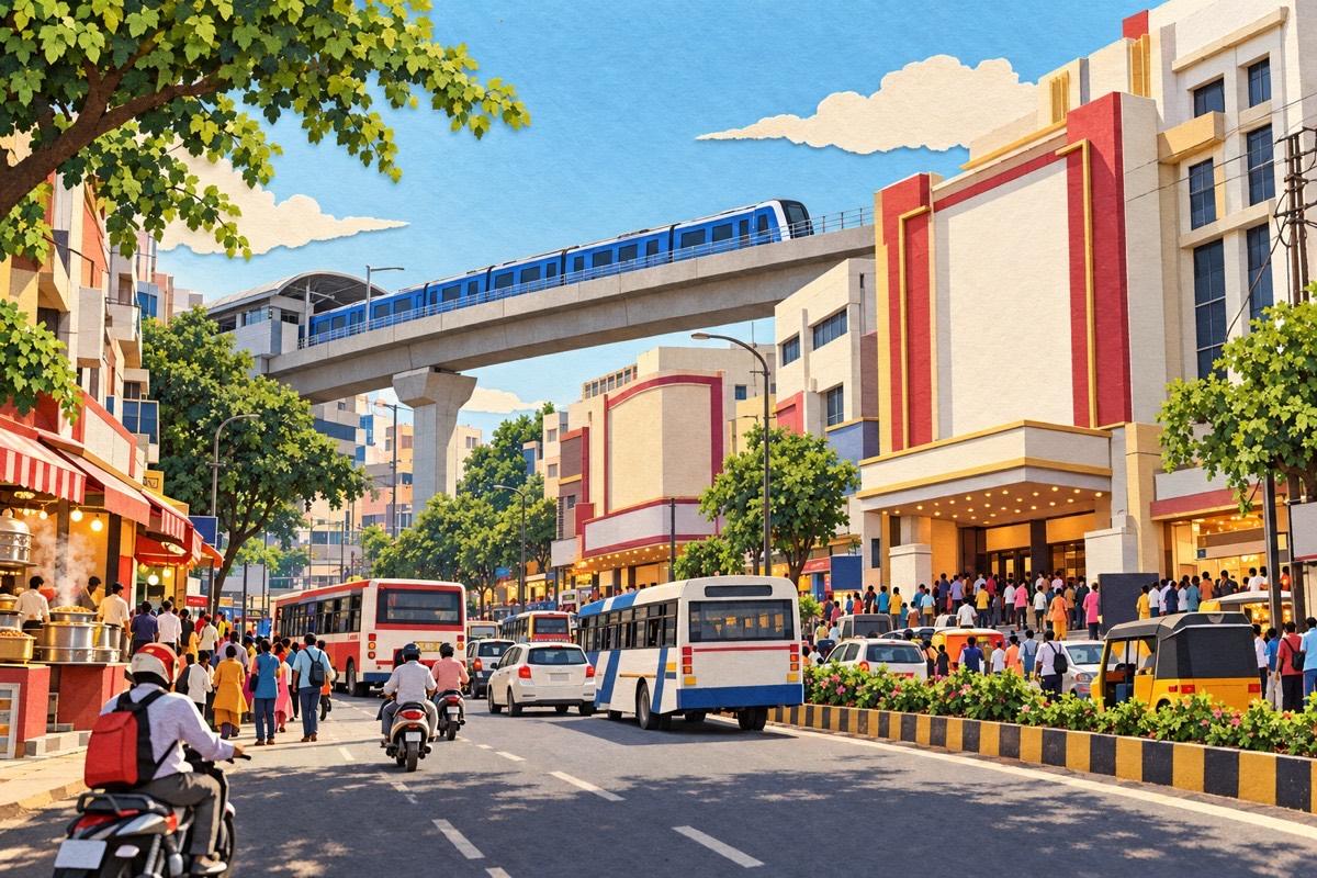 Illustrated postcard of Chikkadpally: big single-screen cinema halls at the RTC X Roads junction