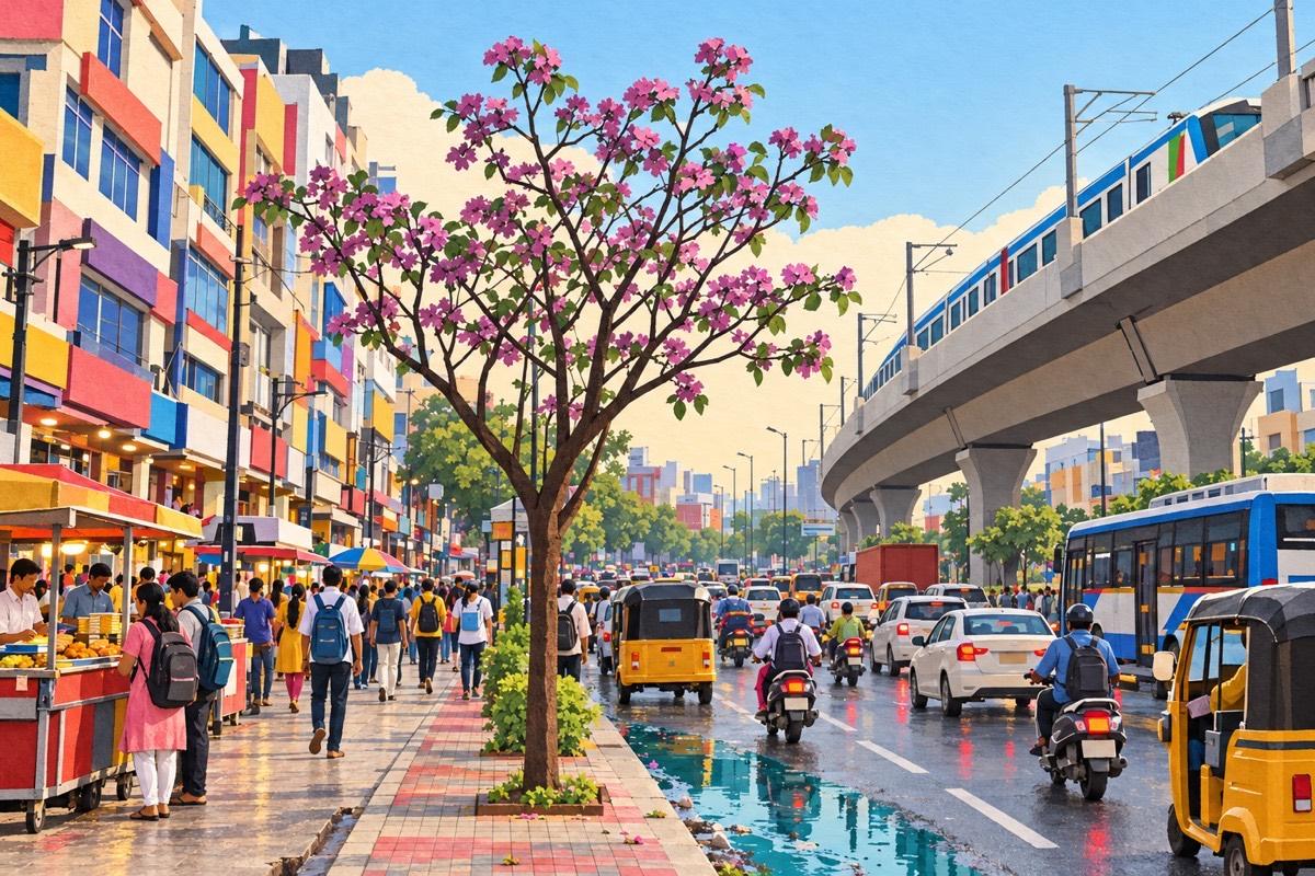 Illustrated postcard of Dilsukhnagar: the metro viaduct over a packed main road