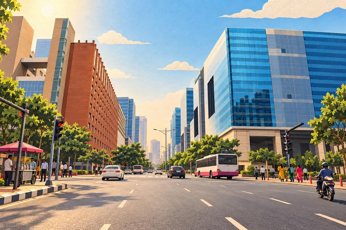 Illustrated postcard of Financial District: a cluster of glass skyscrapers at a big junction