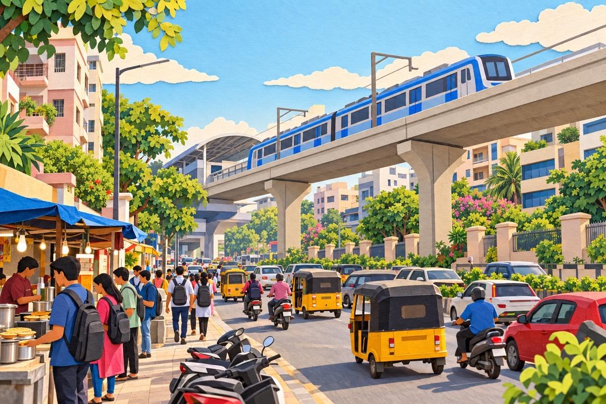 Illustrated postcard of Habsiguda: the metro viaduct along the main road