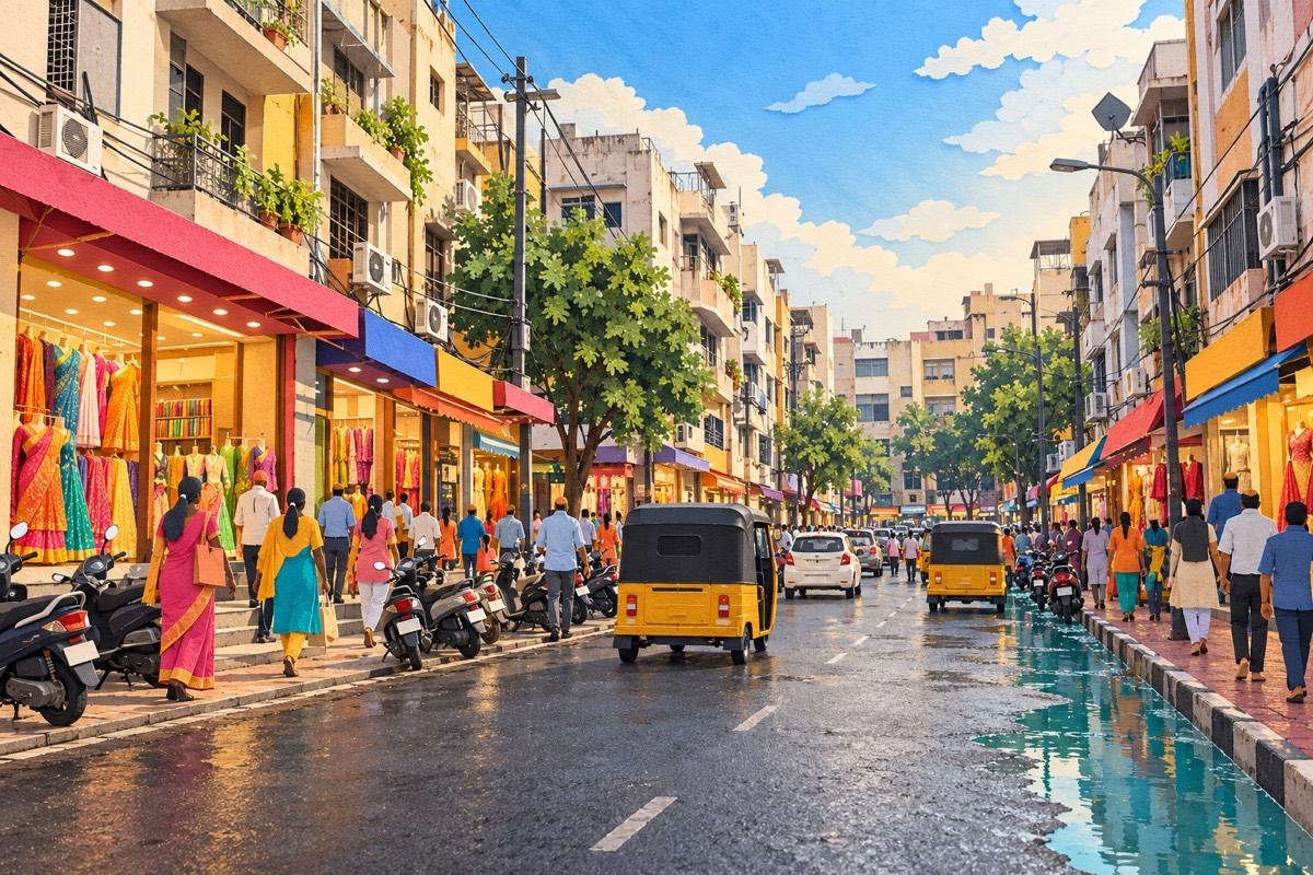 Illustrated postcard of Himayatnagar: rows of saree and jewellery shop fronts with colourful awnings