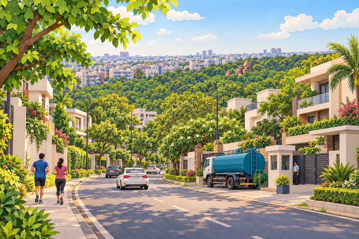 Illustrated postcard of Jubilee Hills: the dense green tree wall of KBR National Park
