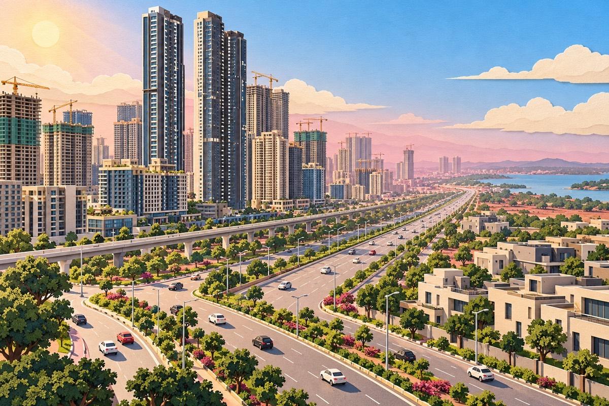 Illustrated postcard of Kokapet: the Outer Ring Road and a glimpse of Gandipet lake water