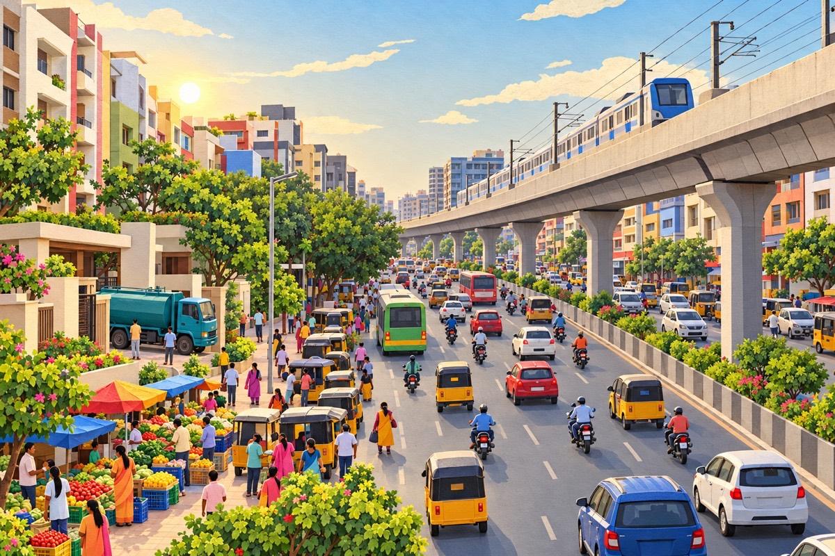 Illustrated postcard of Kukatpally: the metro viaduct along the main road