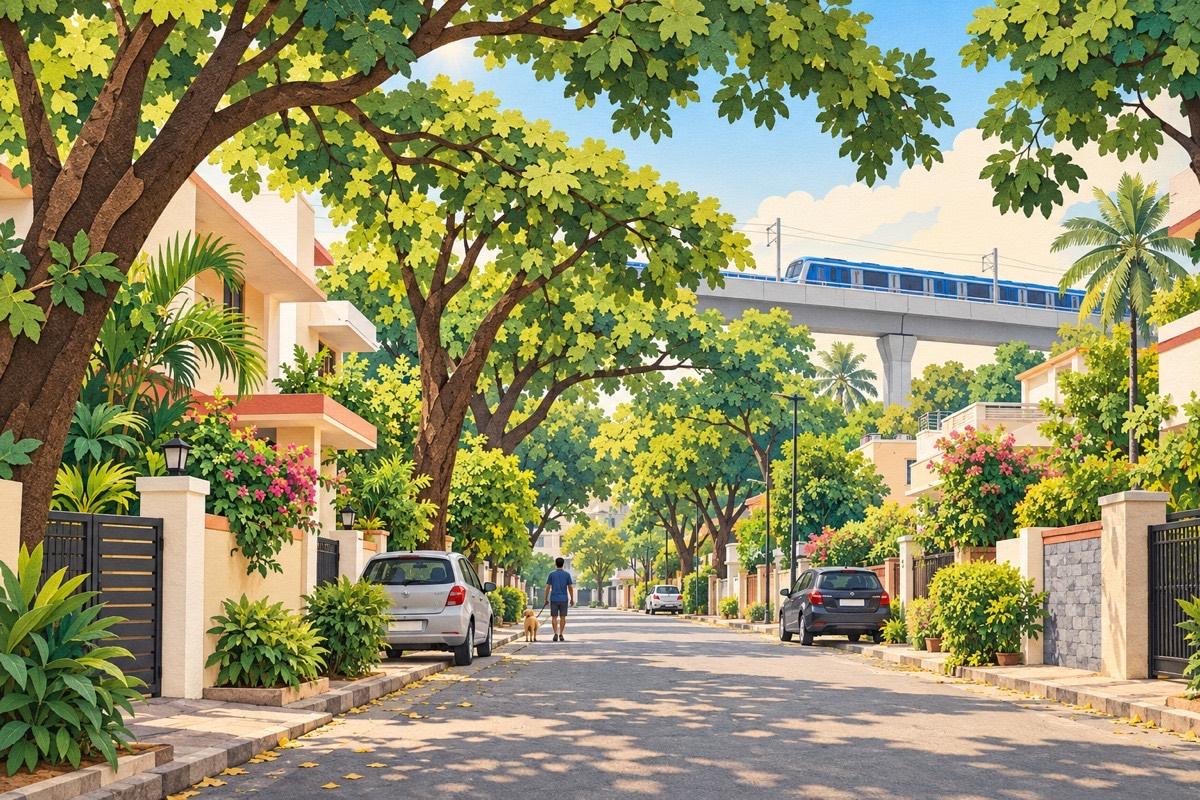 Illustrated postcard of Marredpally: tall old rain trees arching over a quiet road