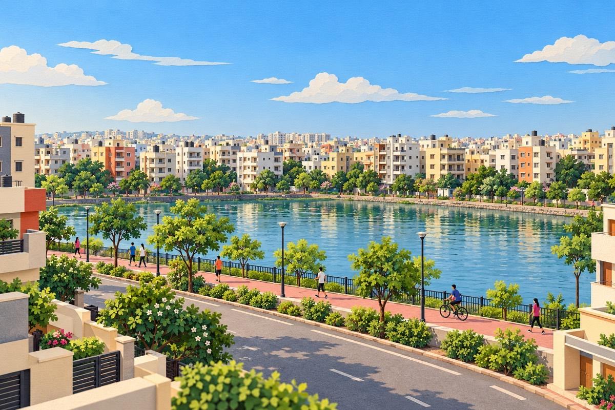 Illustrated postcard of Pragati Nagar: Pragathi Nagar lake with a walking track