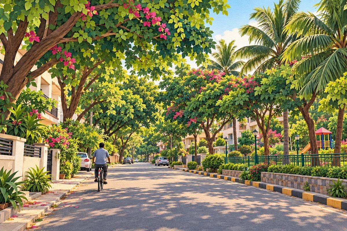 Illustrated postcard of Sainikpuri: tall old trees shading a wide colony road
