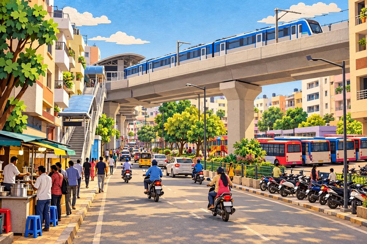Illustrated postcard of Yousufguda: a city bus depot with buses parked